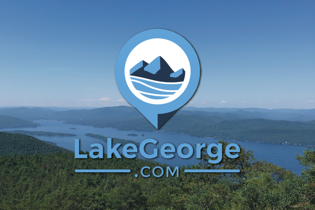 LakeGeorge.com Logo over a picture of the mountains and lake in Lake George