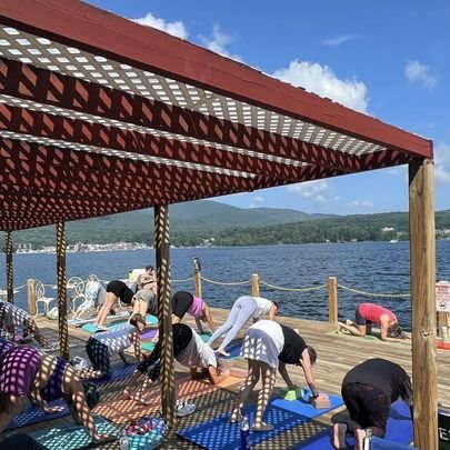 Yoga on the dock at Wiawaka