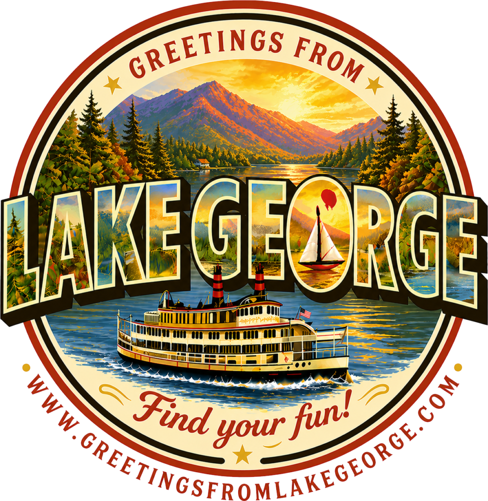Circular vintage-style Lake George tourism badge showing a steamboat on a lake with mountains and trees, and the words 'Find your fun!'