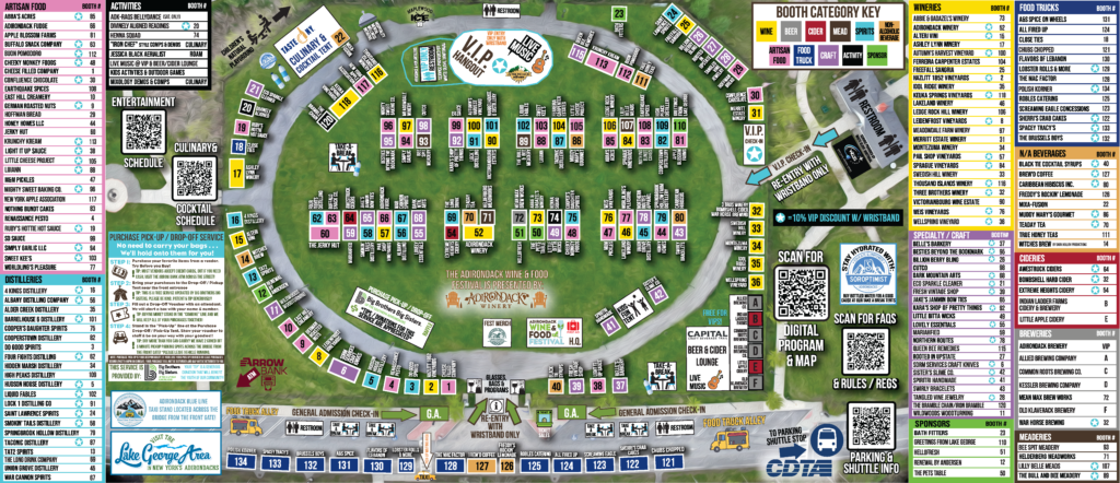 Festival map showing booth numbers, category key, and paths across the grounds (Adirondack Wine & Food Festival).