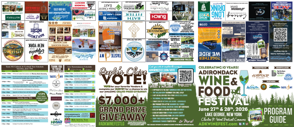 Collage of colorful posters and flyers advertising Adirondack wine and food festival and local events with schedules and sponsors.