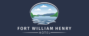 Fort William Henry Hotel logo: circular landscape with a lake, mountains, and sky above the hotel name.