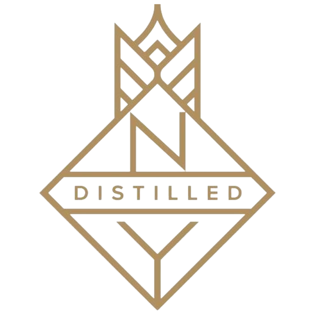 Logo of Distilled: a gold diamond shape with a crown motif and a banner reading DISTILLED.