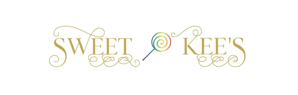 Logo reading 'Sweet Kees' in gold flourish font with a rainbow-colored lollipop between the S and K, decorative swirls.