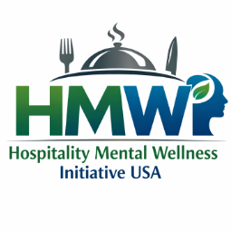Logo for Hospitality Mental Wellness Initiative USA, with HMW wordmark in green–blue and a cloche with utensils, plus the full name text below.