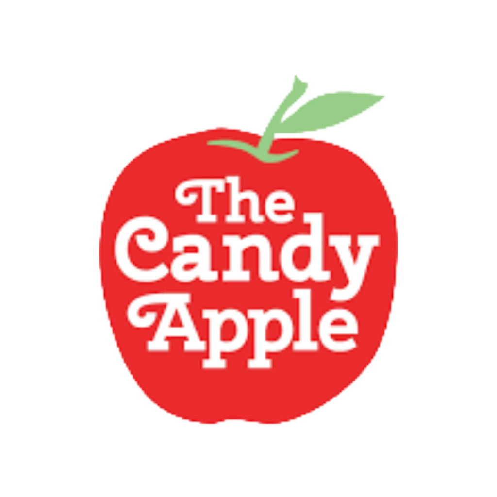 Circular red logo badge with white 'The Candy Apple' text and a green apple stem/leaves on top
