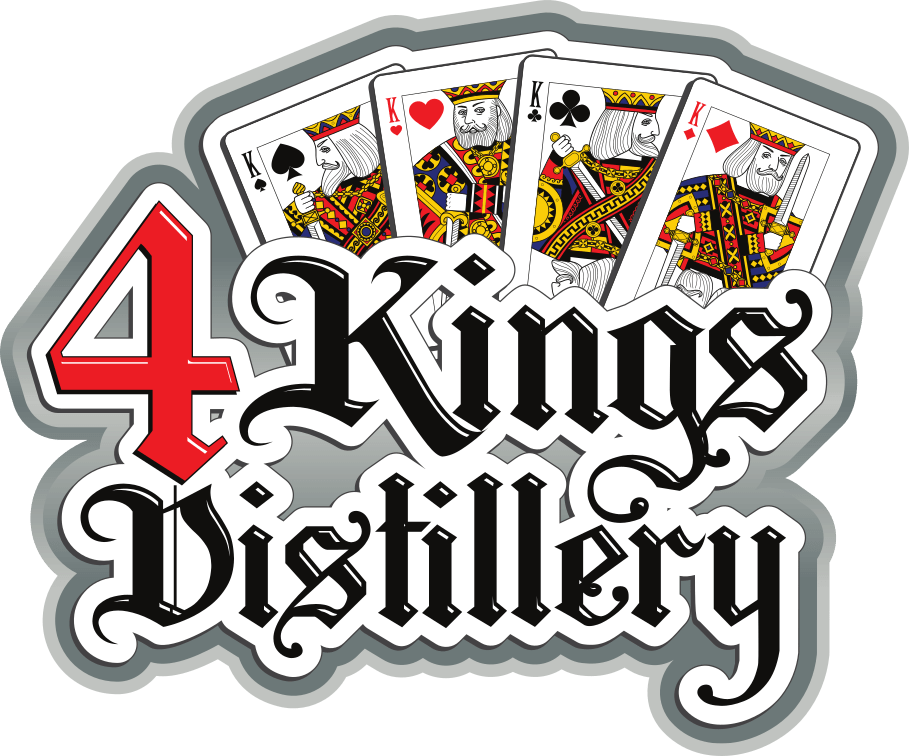 Logo for 4 Kings Distillery featuring four face cards (kings) fanned above ornate black lettering.