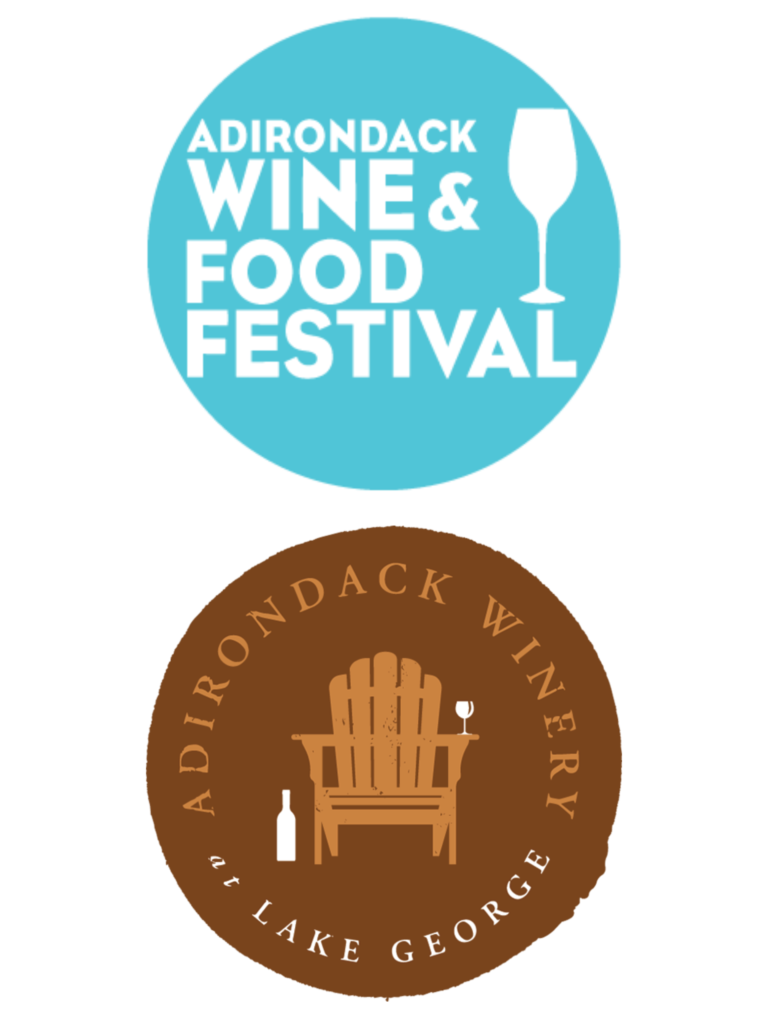 Blue circular logo reading 'ADIRONDACK WINE & FOOD FESTIVAL' with a white wine glass illustration on the right side.