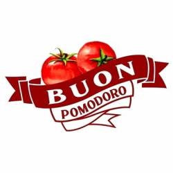 Logo for Buon Pomodoro featuring two red tomatoes above a red ribbon banner that reads BUON POMODORO.