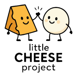 Logo showing a smiling cheese wedge and cheese ball giving a high-five, with text 'little CHEESE project' underneath.
