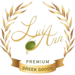 Logo with a gold laurel wreath, olive motif, and the words 'Greek Goods' on a ribbon banner.
